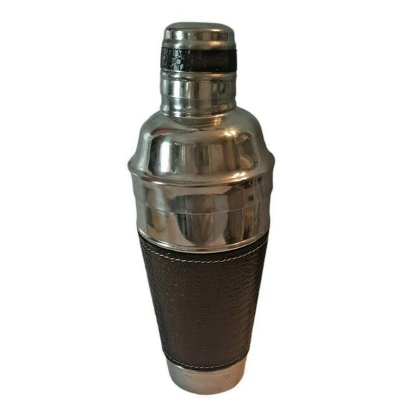 Vintage Stainless Steel and Brown Leather Cocktail Shake with Strainer India - Picture 1 of 12